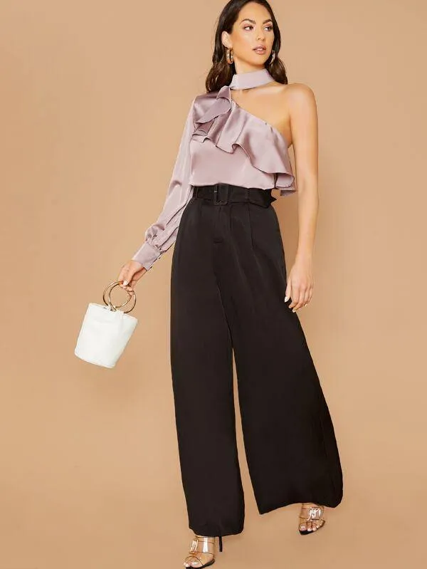Square Buckle Belted Waist Wide Leg Pants