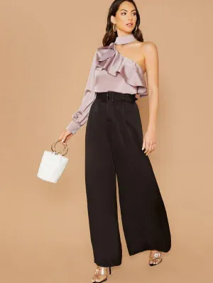 Square Buckle Belted Waist Wide Leg Pants