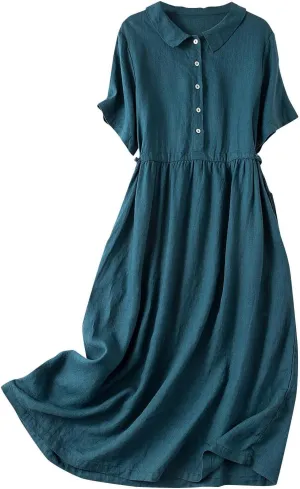 Summer Linen Dresses for Women 2025 Short Sleeve Button Shirt Dress Lapel Vneck Casual Beach Vacation Maxi Dresses