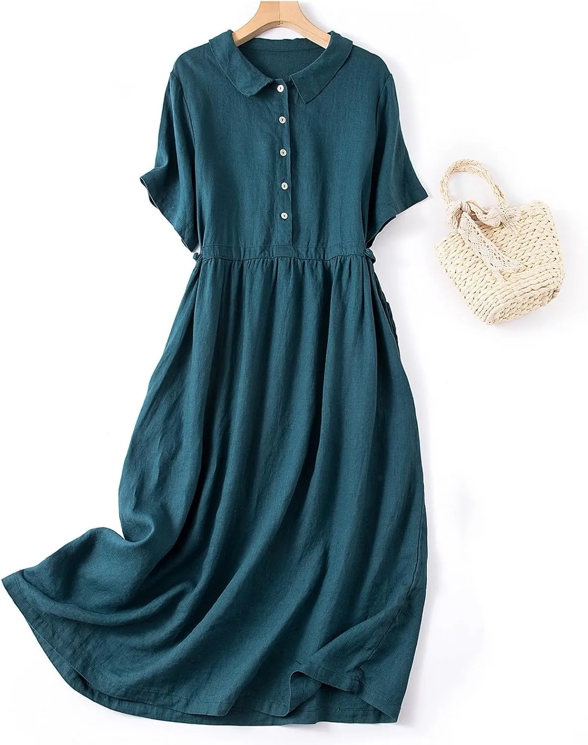 Summer Linen Dresses for Women 2025 Short Sleeve Button Shirt Dress Lapel Vneck Casual Beach Vacation Maxi Dresses