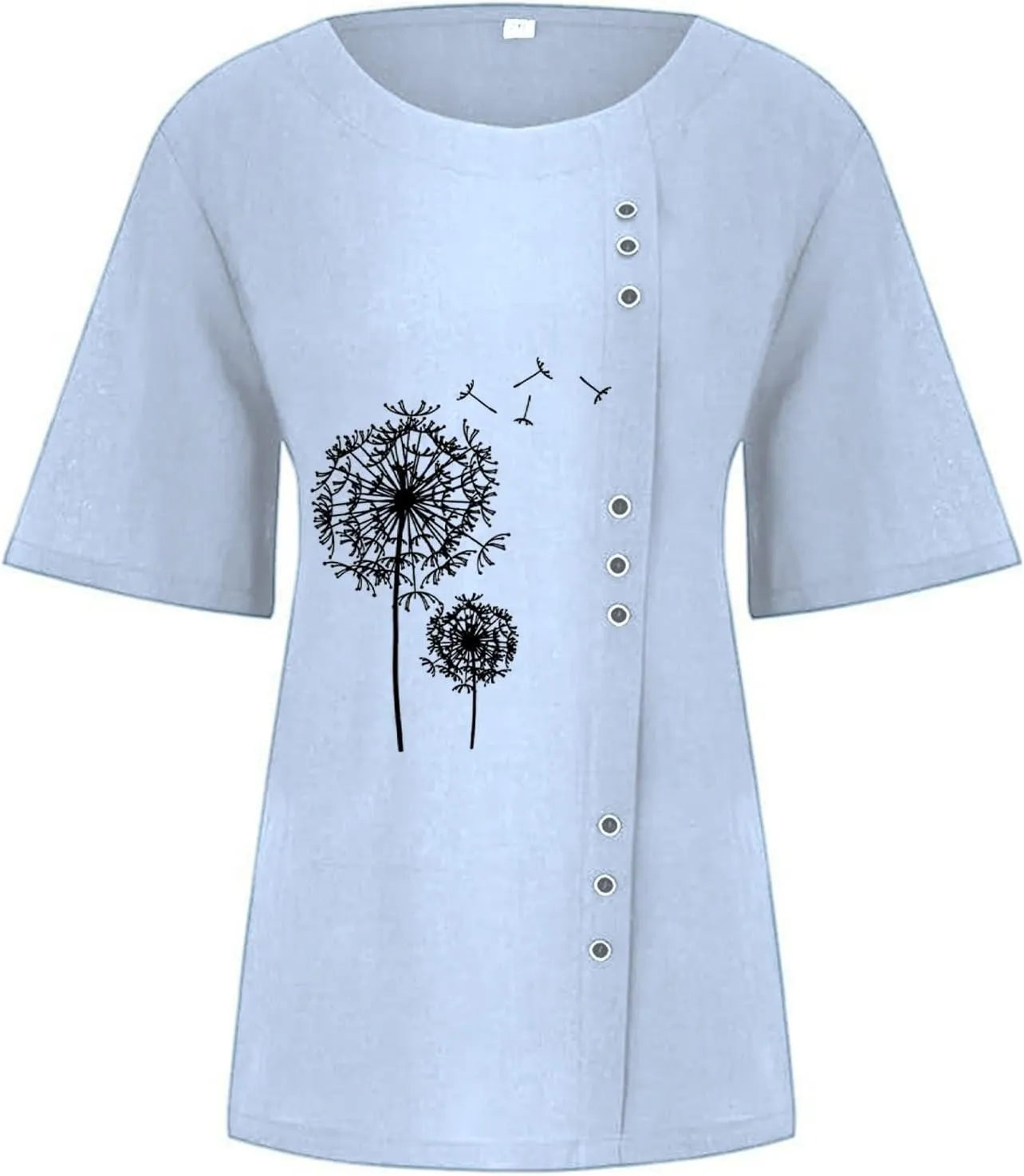 Summer Linen Shirt Women's - Floral Stitch Detail & Button Closure, Relaxed Fit Casual Tee, Moisture-Wicking