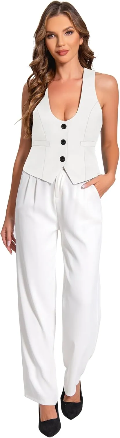 V VOCNI Suit Vest for Women Waistcoat Vintage Steampunk Dressy Casual Racerback Vest Jacket