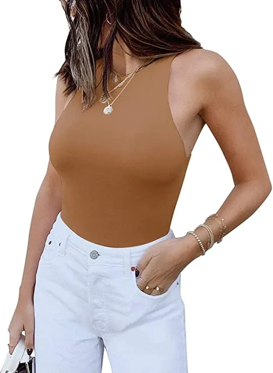 Wholesale Women's Sleeveless Racer Back Halter Neck Bodysuit Tank Tops