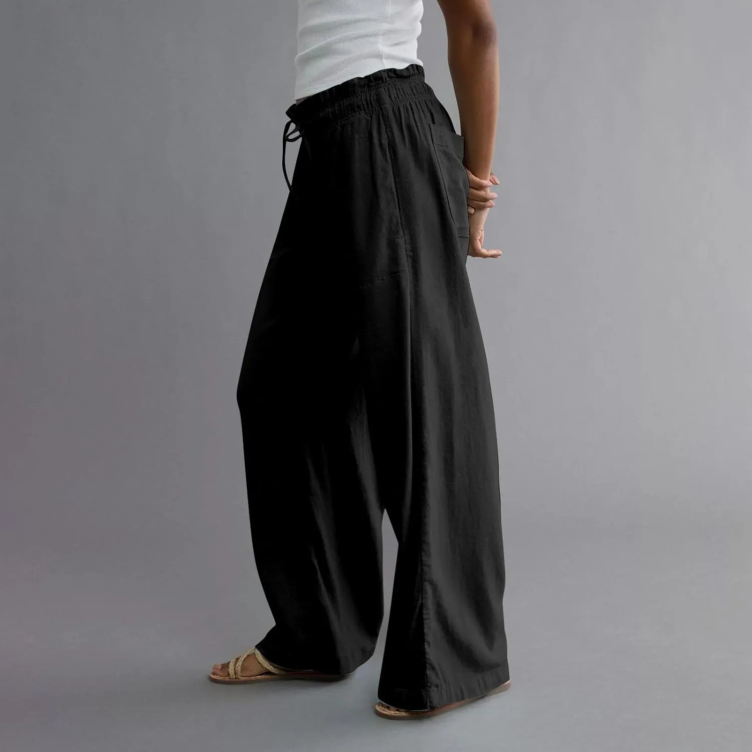 Wide Leg Linen Pants for Women 2025 Casual Loose High Waisted Pants with Pockets Flowy Comfy Beach Trousers Work Outfits