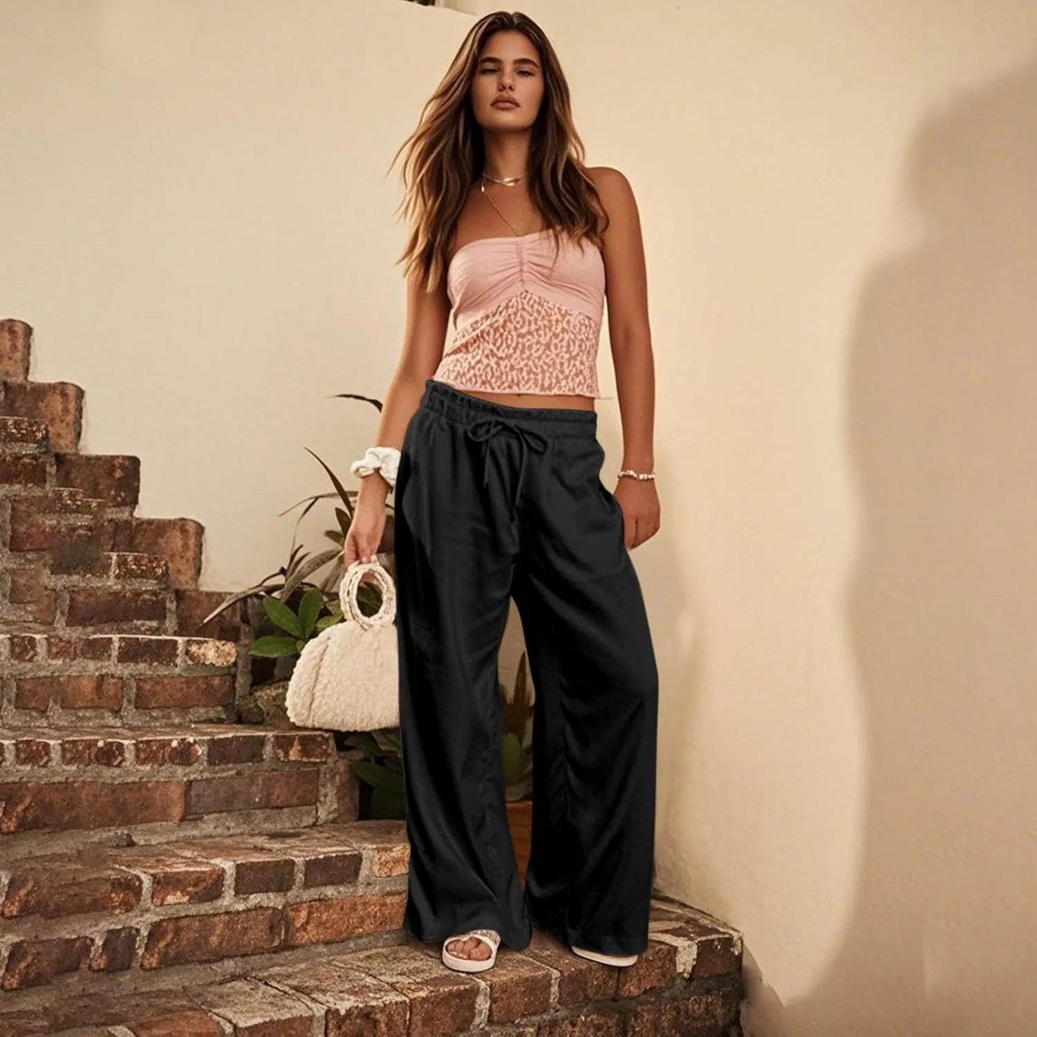 Wide Leg Linen Pants for Women 2025 Casual Loose High Waisted Pants with Pockets Flowy Comfy Beach Trousers Work Outfits