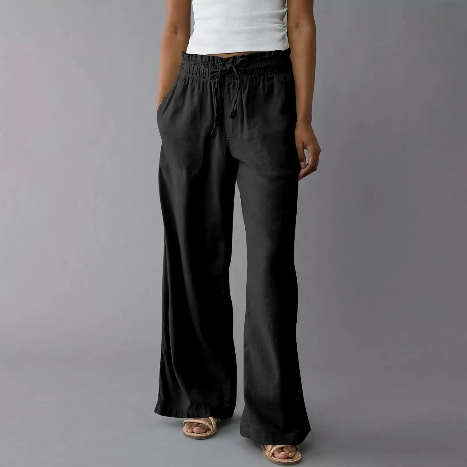 Wide Leg Linen Pants for Women 2025 Casual Loose High Waisted Pants with Pockets Flowy Comfy Beach Trousers Work Outfits