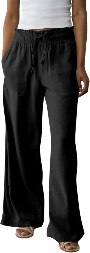 Wide Leg Linen Pants for Women 2025 Casual Loose High Waisted Pants with Pockets Flowy Comfy Beach Trousers Work Outfits