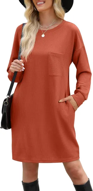 WIHOLL Womens Long Sleeve Dress Loose Fit Casual Crewneck Flowy Mini Dresses with Pockets Fall Fashion