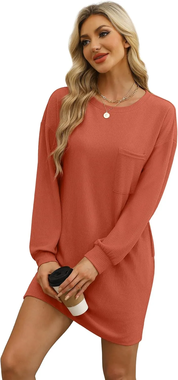 WIHOLL Womens Long Sleeve Dress Loose Fit Casual Crewneck Flowy Mini Dresses with Pockets Fall Fashion