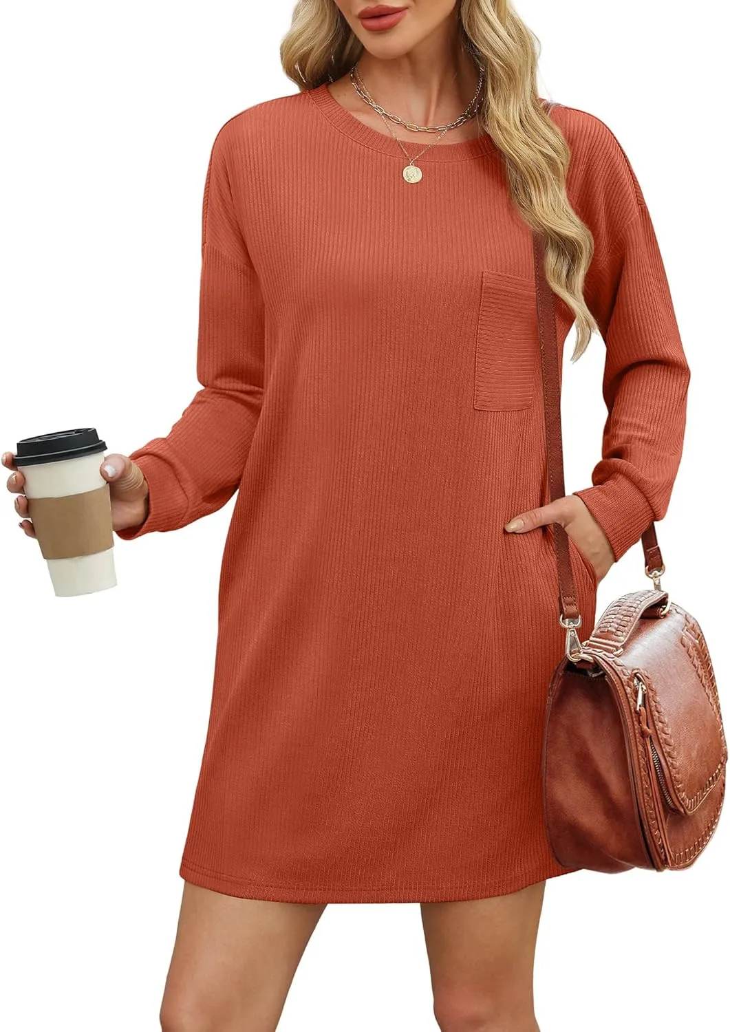 WIHOLL Womens Long Sleeve Dress Loose Fit Casual Crewneck Flowy Mini Dresses with Pockets Fall Fashion