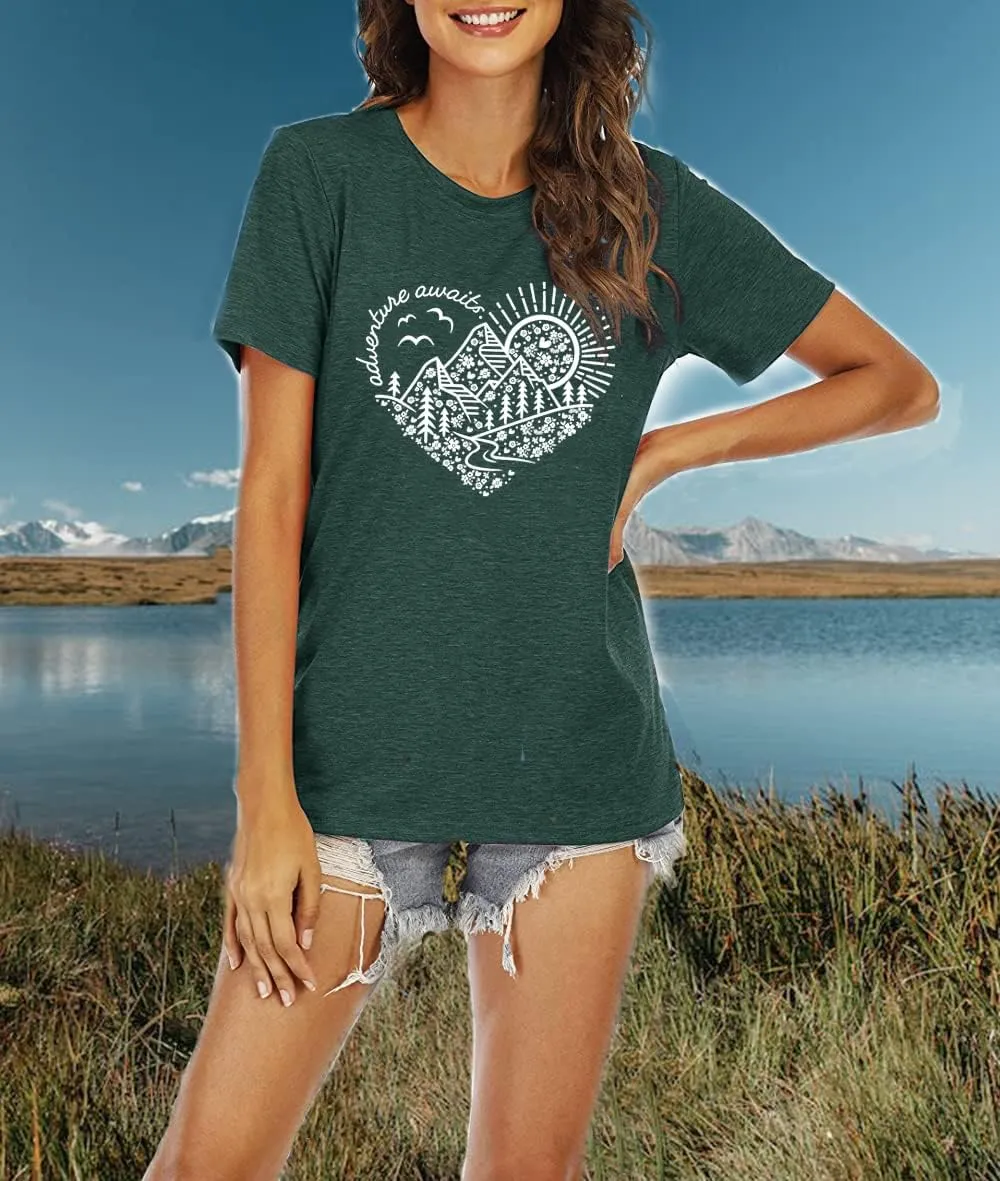 Women Adventure Awaits Outdoor Graphic Tee Shirt Kindness Heart Printed Hike Mountain Nature Travel Shirt Workout Tops