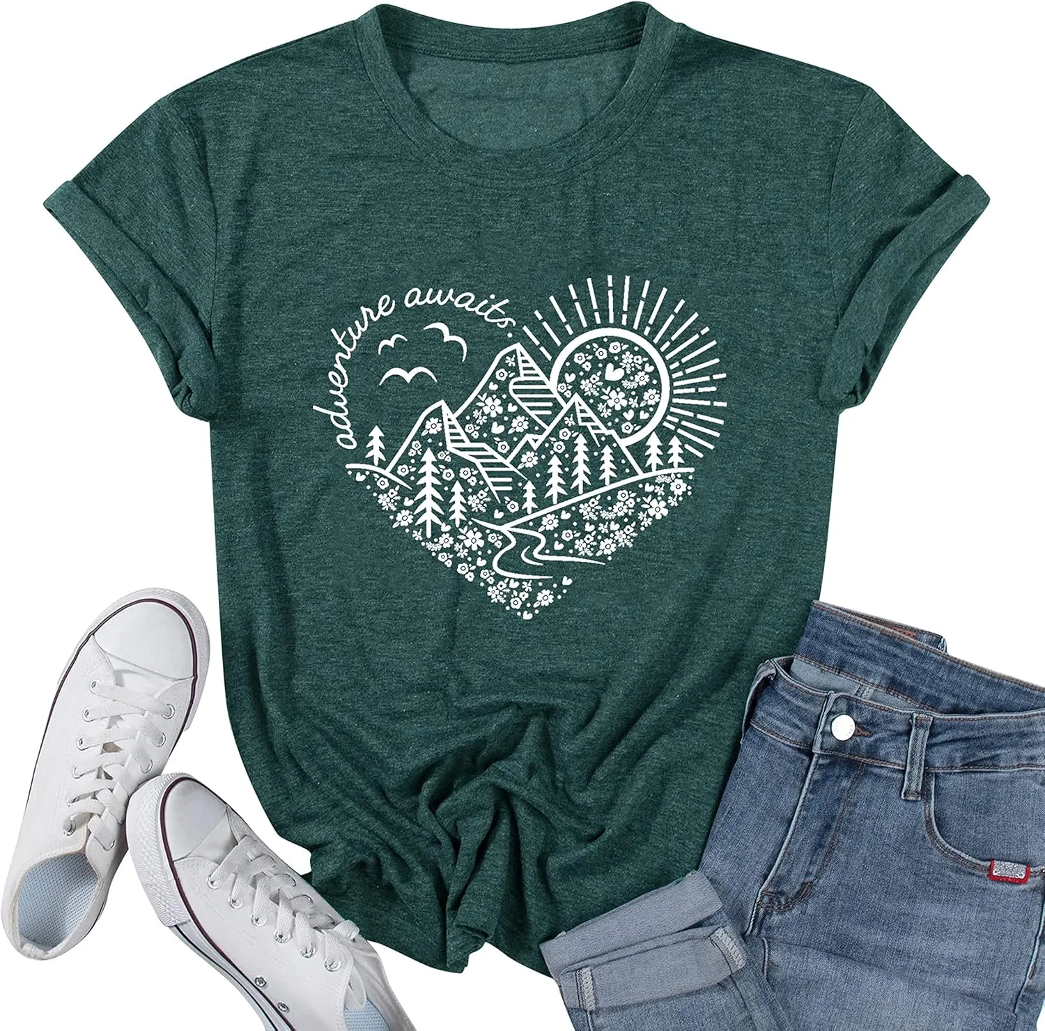 Women Adventure Awaits Outdoor Graphic Tee Shirt Kindness Heart Printed Hike Mountain Nature Travel Shirt Workout Tops