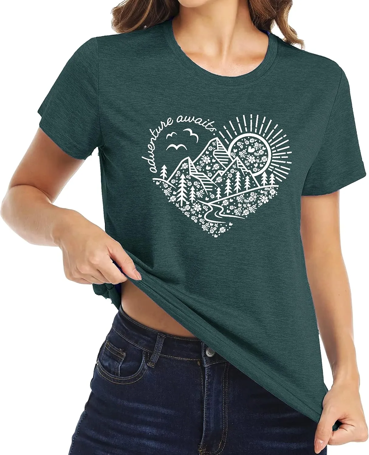 Women Adventure Awaits Outdoor Graphic Tee Shirt Kindness Heart Printed Hike Mountain Nature Travel Shirt Workout Tops