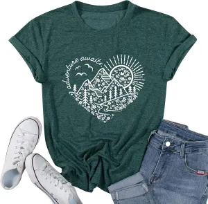 Women Adventure Awaits Outdoor Graphic Tee Shirt Kindness Heart Printed Hike Mountain Nature Travel Shirt Workout Tops
