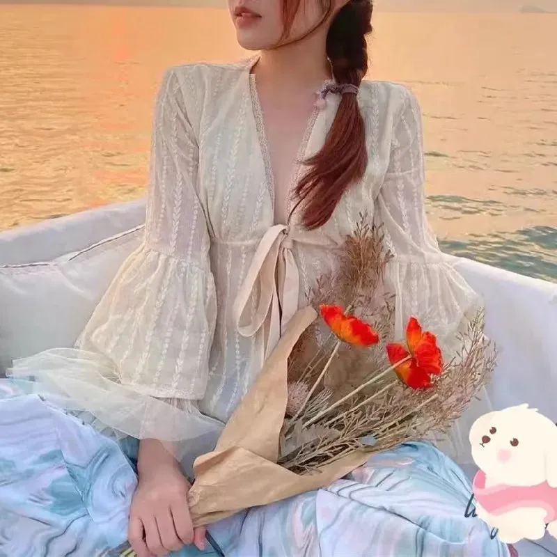 Women Embroidery Lace Flare Loose Cardigan Blouse