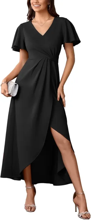 Women Formal Dresses Evening Party Cocktail Dress Split Elegant V Neck Wrap Ruffle Wedding Guest Dresses