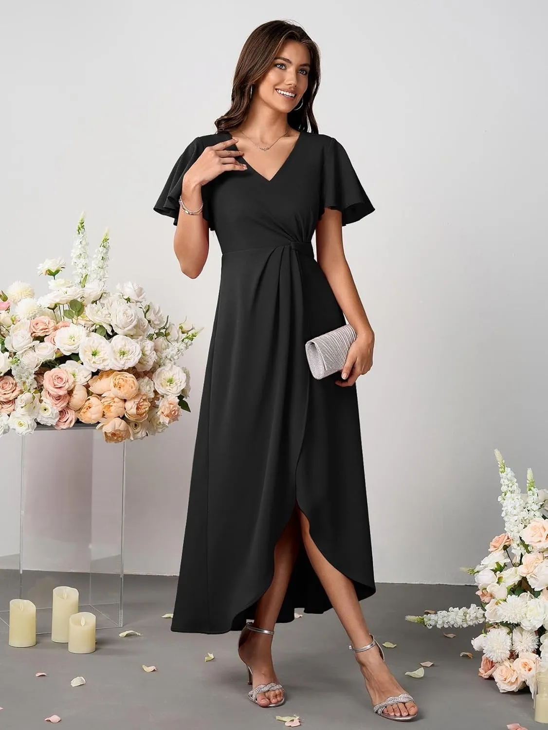 Women Formal Dresses Evening Party Cocktail Dress Split Elegant V Neck Wrap Ruffle Wedding Guest Dresses