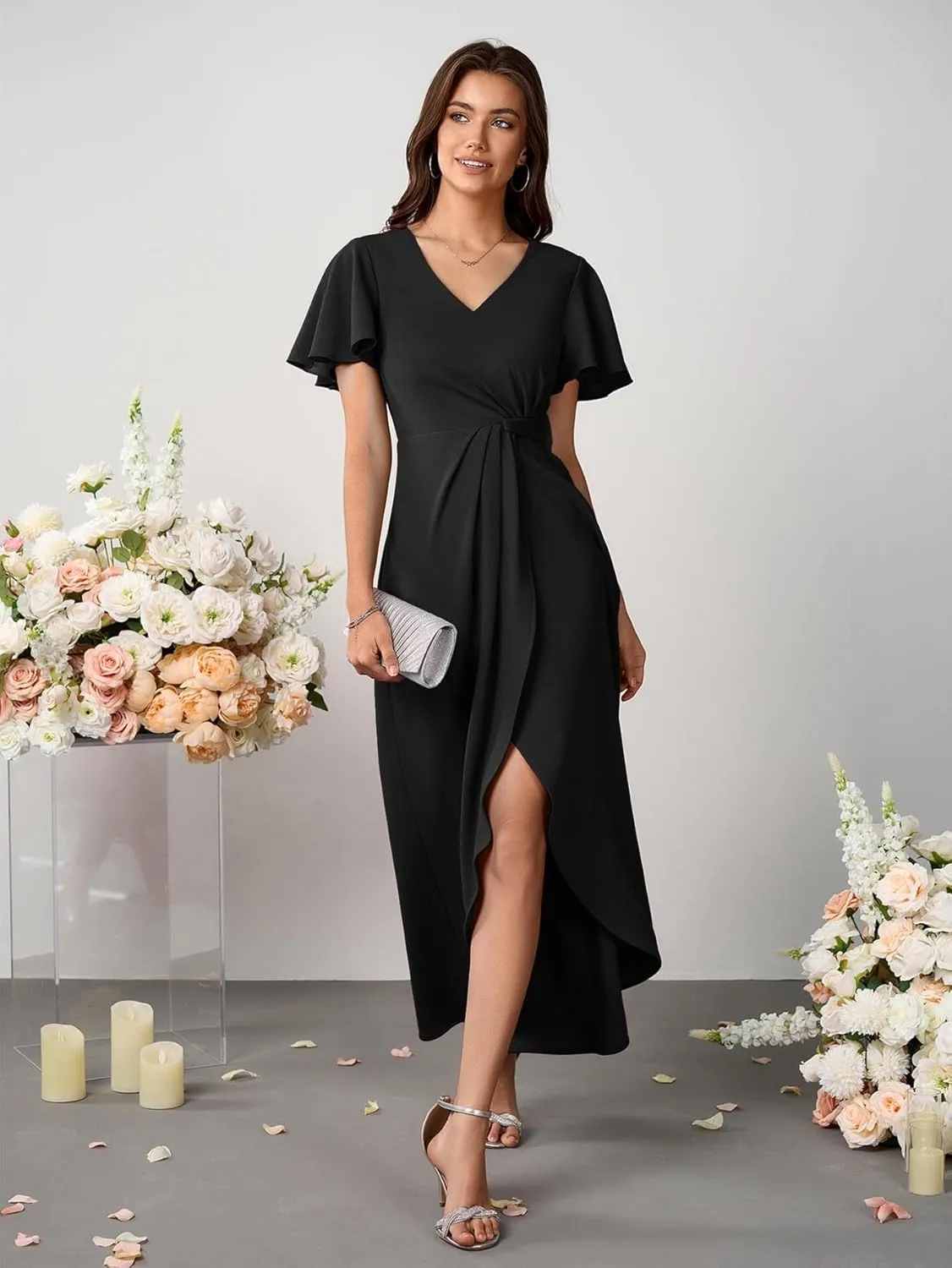 Women Formal Dresses Evening Party Cocktail Dress Split Elegant V Neck Wrap Ruffle Wedding Guest Dresses