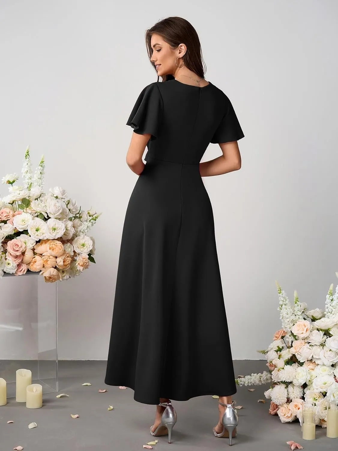 Women Formal Dresses Evening Party Cocktail Dress Split Elegant V Neck Wrap Ruffle Wedding Guest Dresses