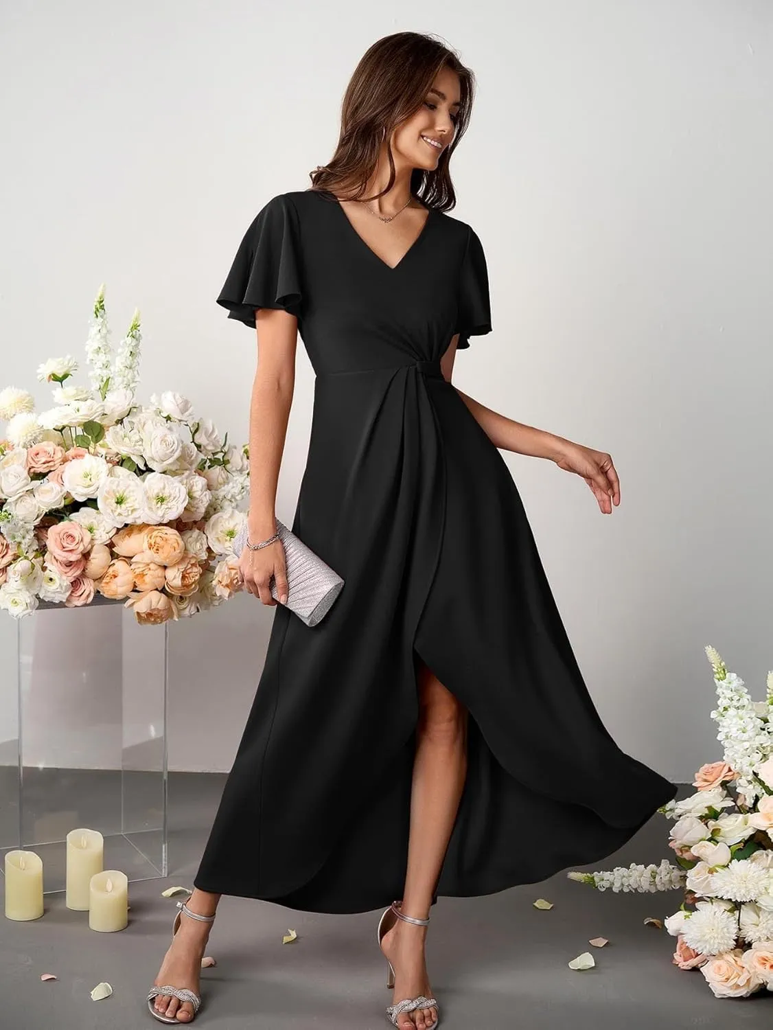 Women Formal Dresses Evening Party Cocktail Dress Split Elegant V Neck Wrap Ruffle Wedding Guest Dresses