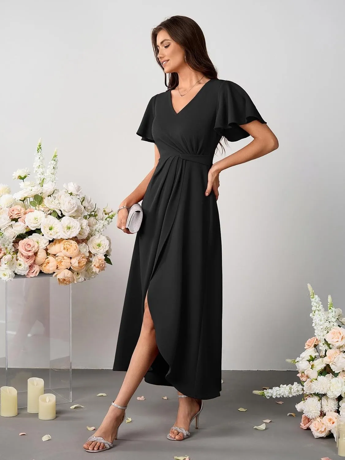 Women Formal Dresses Evening Party Cocktail Dress Split Elegant V Neck Wrap Ruffle Wedding Guest Dresses