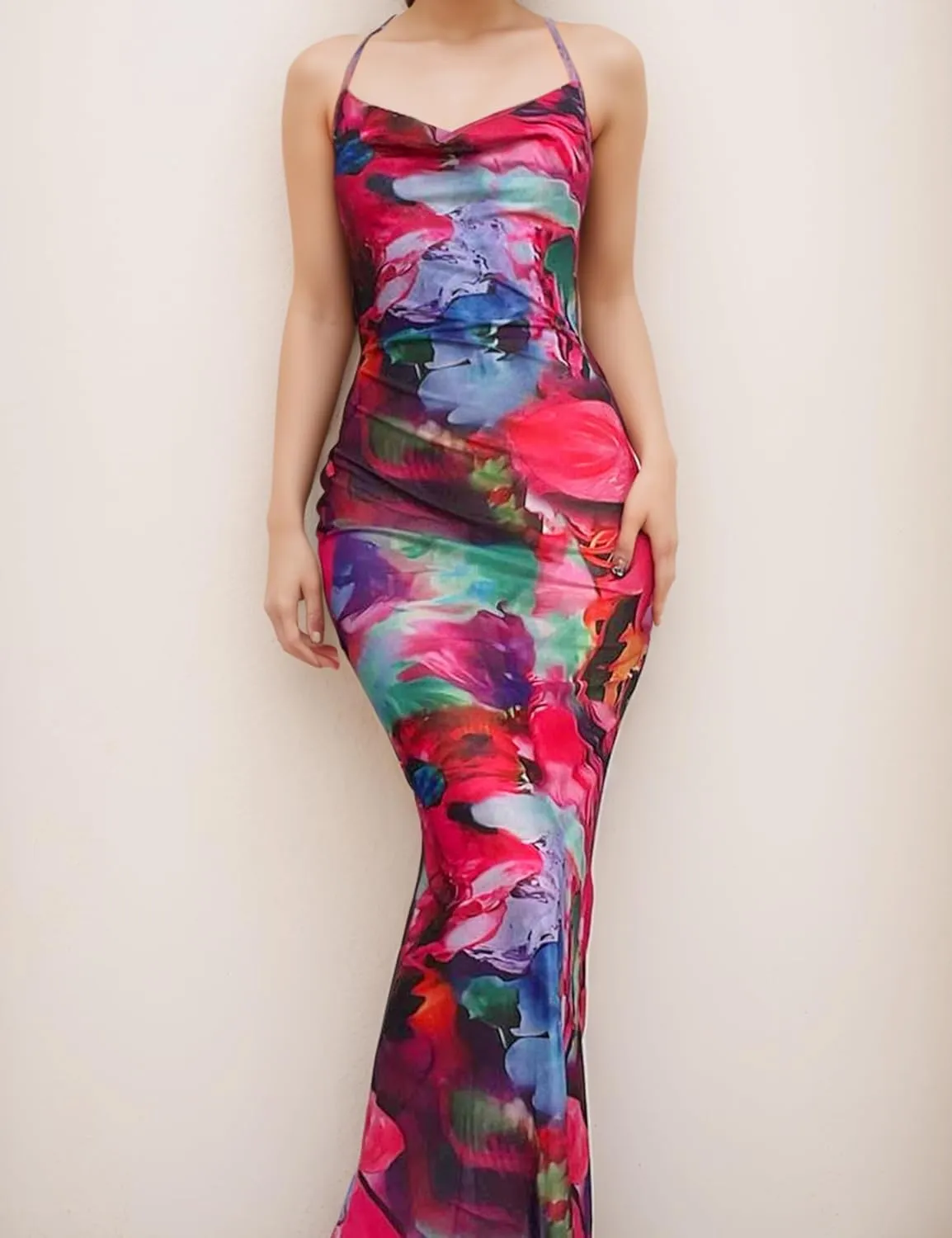 Women Sexy Backless Satin Maxi Dresses Spaghetti Strap Floral Print Dresses Slim Fit Elegant Night Party Outfits