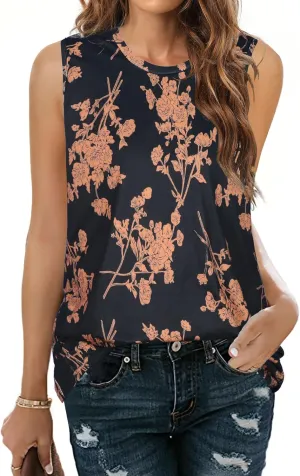 Women Summer Tops Sleeveless Tank Floral Casual Cute Loose Fit Cute T-Shirt Tunic