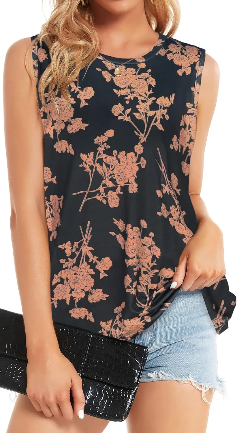 Women Summer Tops Sleeveless Tank Floral Casual Cute Loose Fit Cute T-Shirt Tunic