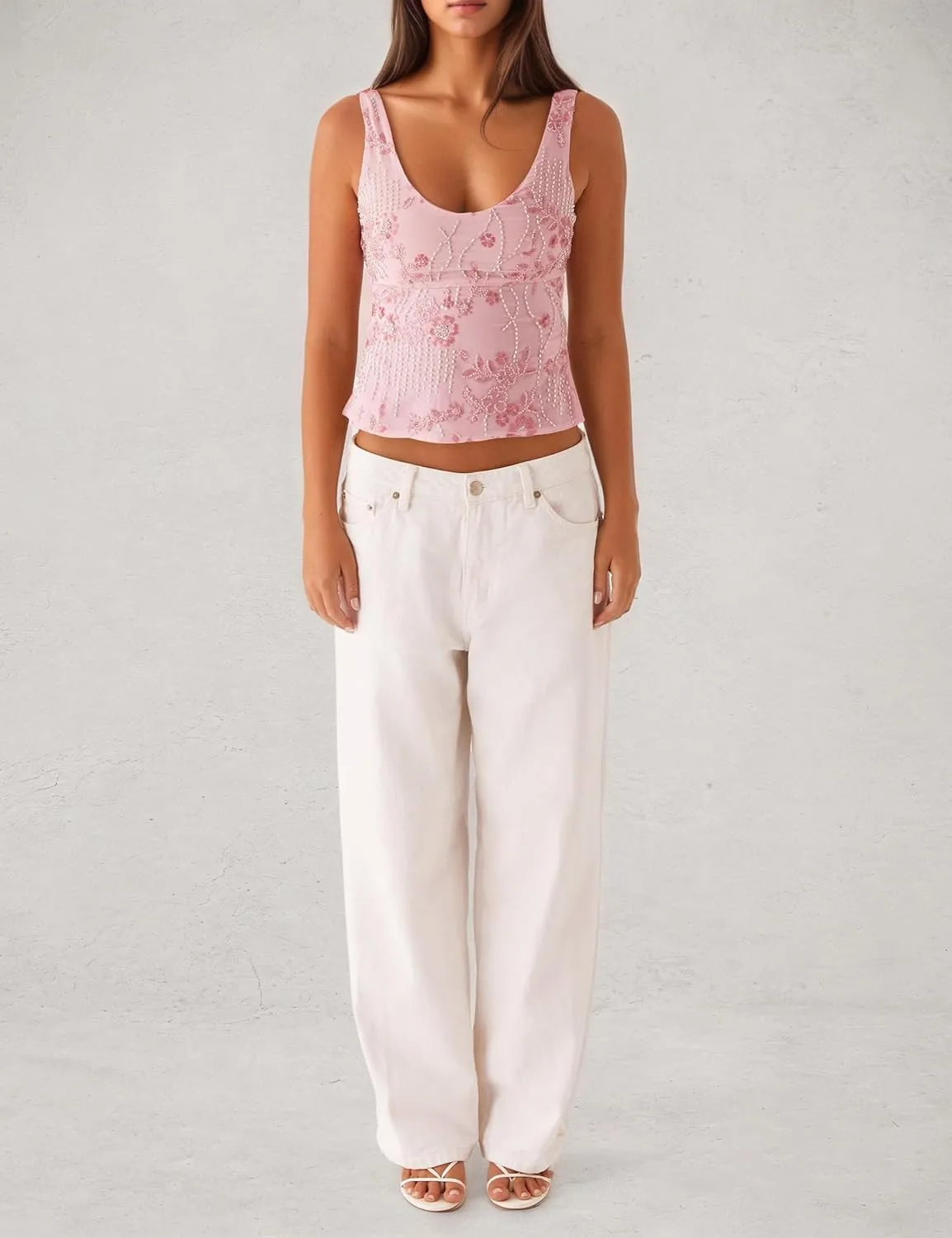 Women Y2k Sparkly Sequin Tank Tops Pearl Rhinestone Beaded Top Low Cut Scoop Neck Open Back Floral Crop Tops Party