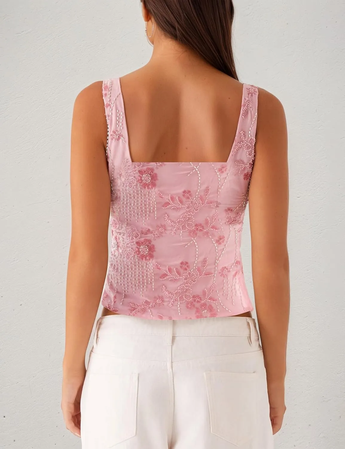 Women Y2k Sparkly Sequin Tank Tops Pearl Rhinestone Beaded Top Low Cut Scoop Neck Open Back Floral Crop Tops Party