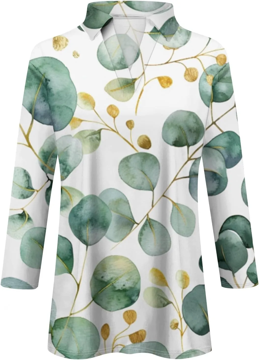 Women's 3/4 Sleeve Tops Polo Shirts V Neck Collared Tshirt Cute Printed Tee Blouse Casual Three Quarter Sleeve Tops