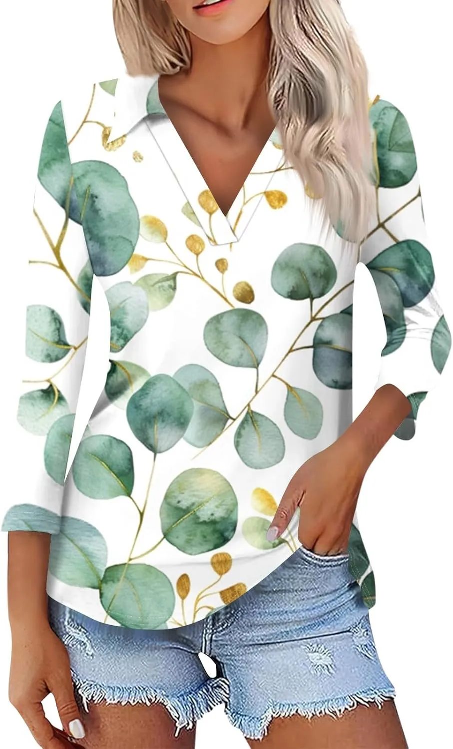 Women's 3/4 Sleeve Tops Polo Shirts V Neck Collared Tshirt Cute Printed Tee Blouse Casual Three Quarter Sleeve Tops