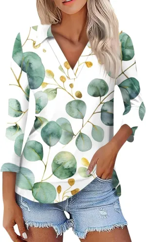 Women's 3/4 Sleeve Tops Polo Shirts V Neck Collared Tshirt Cute Printed Tee Blouse Casual Three Quarter Sleeve Tops