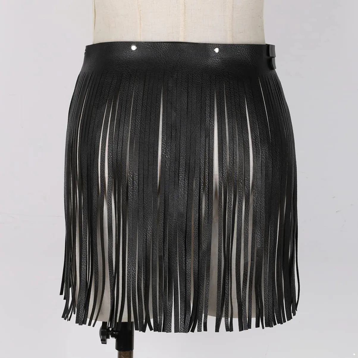 Women's Adjustable Waistband Faux Leather Fringe Dress Belt Gypsy Style Tassel Skirts