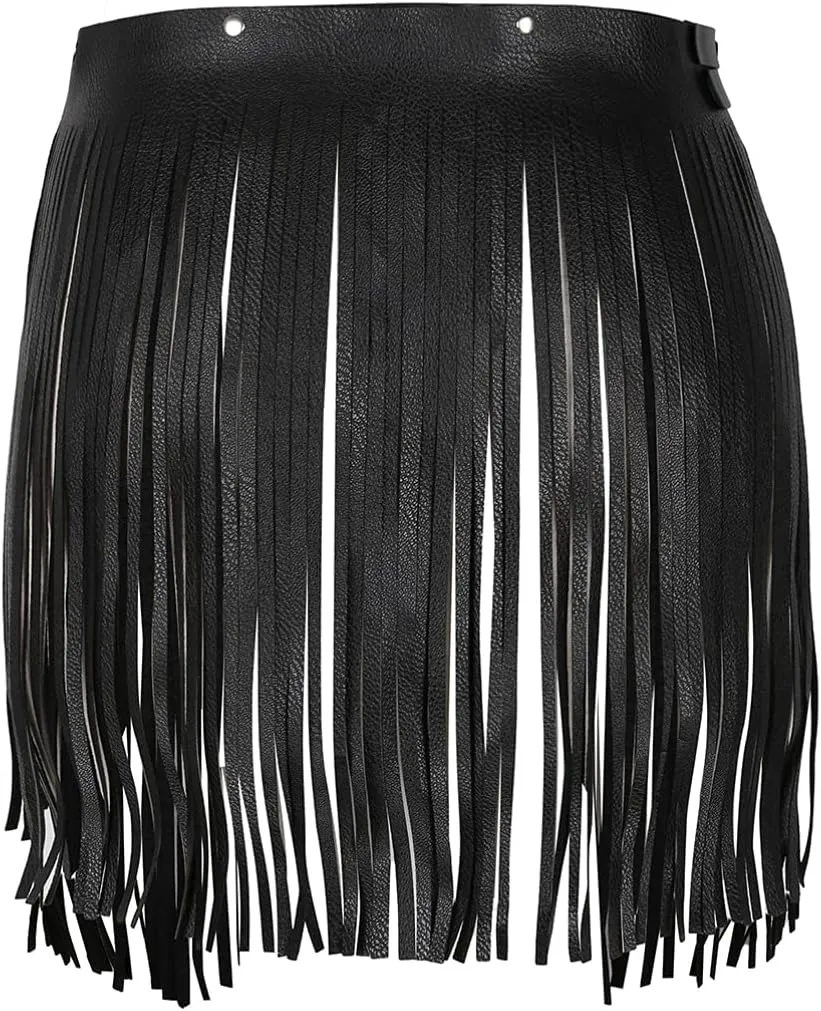 Women's Adjustable Waistband Faux Leather Fringe Dress Belt Gypsy Style Tassel Skirts