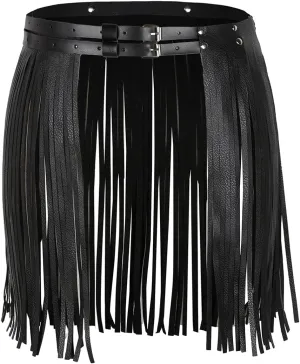Women's Adjustable Waistband Faux Leather Fringe Dress Belt Gypsy Style Tassel Skirts