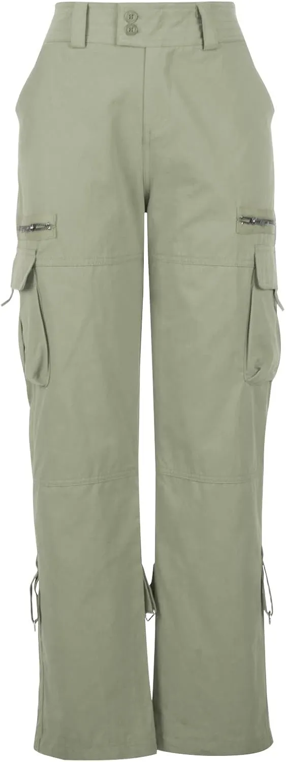 Womens Cargo Pants Fashion High Rise Y2K Parachute Pants Baggy Straight Wide Leg Trousers Streetwear with Pockets