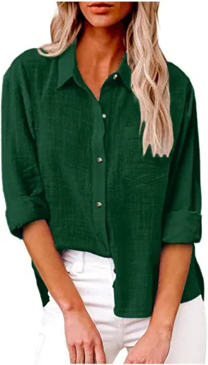Womens Cotton Linen Button Down Shirt 2025 Summer Casual Long Sleeve Solid Color Shirts Loose Work Tops with Pockets