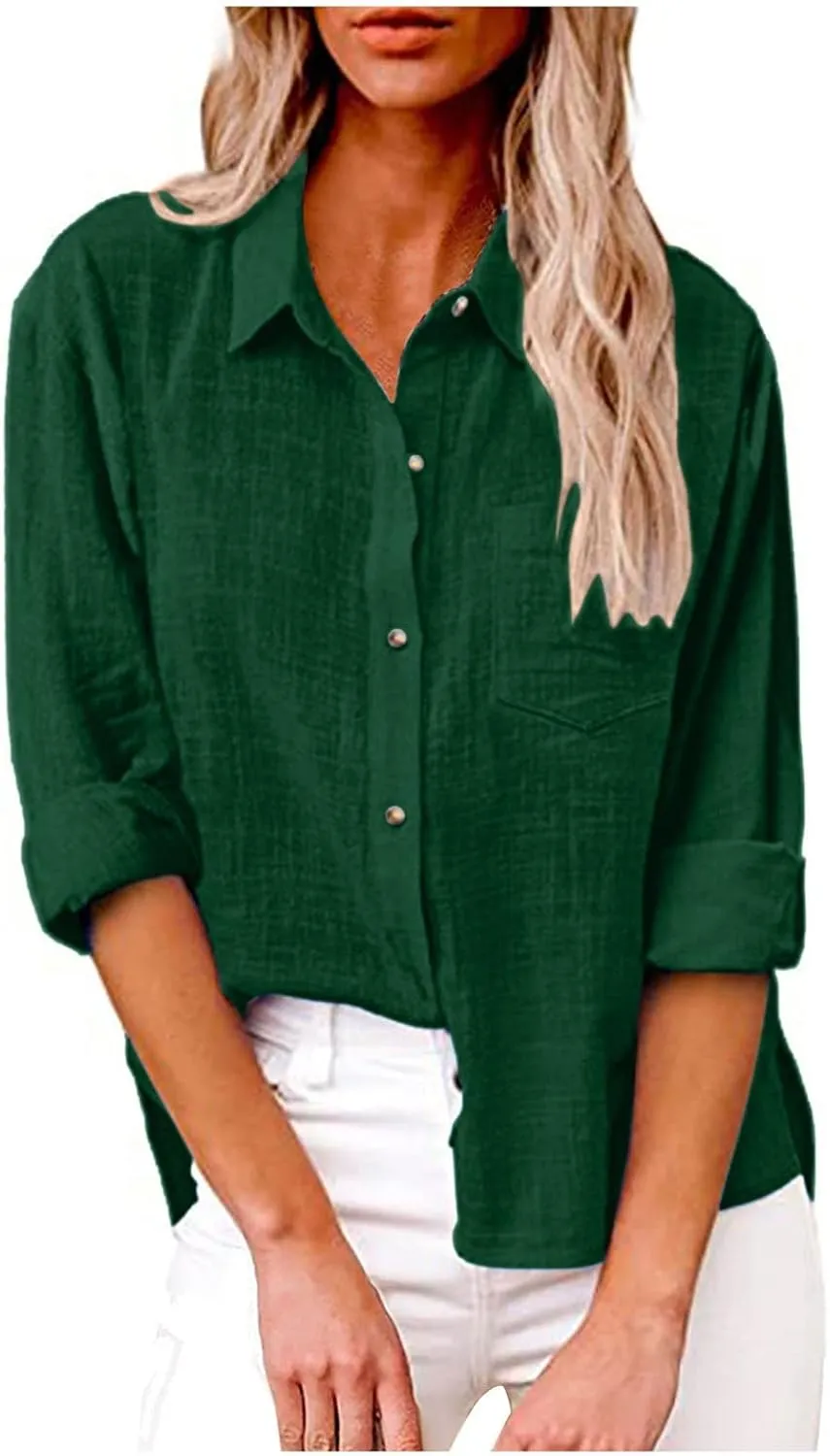 Womens Cotton Linen Button Down Shirt 2025 Summer Casual Long Sleeve Solid Color Shirts Loose Work Tops with Pockets