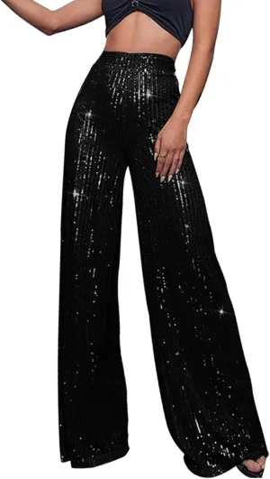 Women's Joggers Pants Pockets Women's High Waisted Sequin Loose Drape Wide Leg Pants Fashion Party Flared Trousers