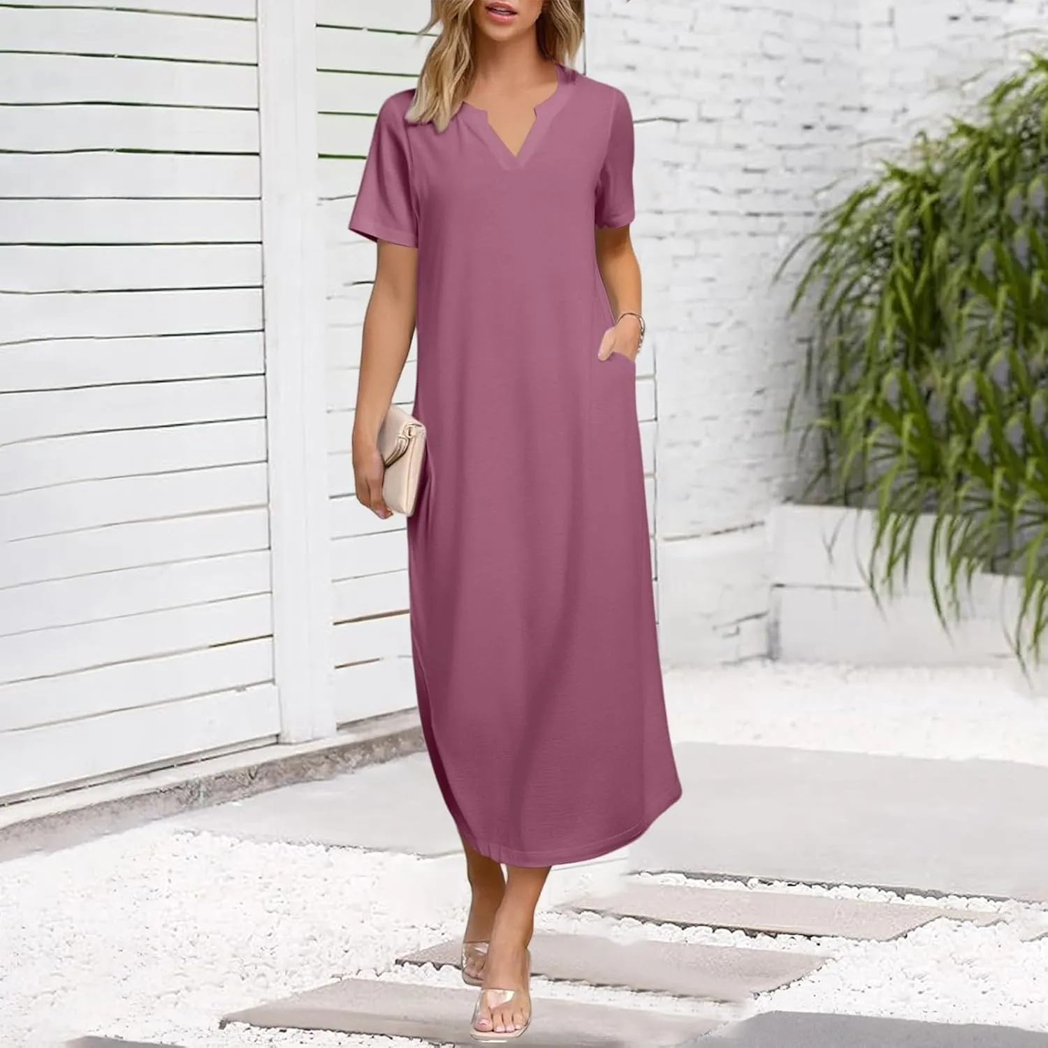 Women's Summer Casual Maxi Dress Short Sleeves V Neck Loose Split Long Beach Shirt Dresses Vacation with Pockets