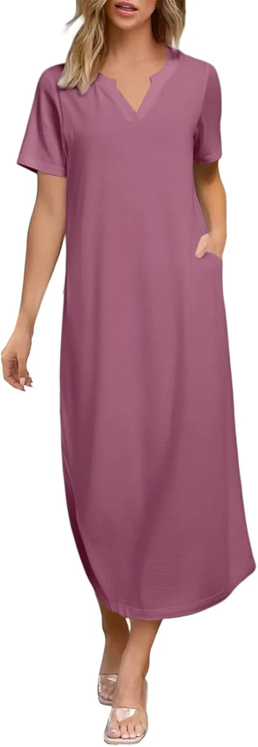 Women's Summer Casual Maxi Dress Short Sleeves V Neck Loose Split Long Beach Shirt Dresses Vacation with Pockets