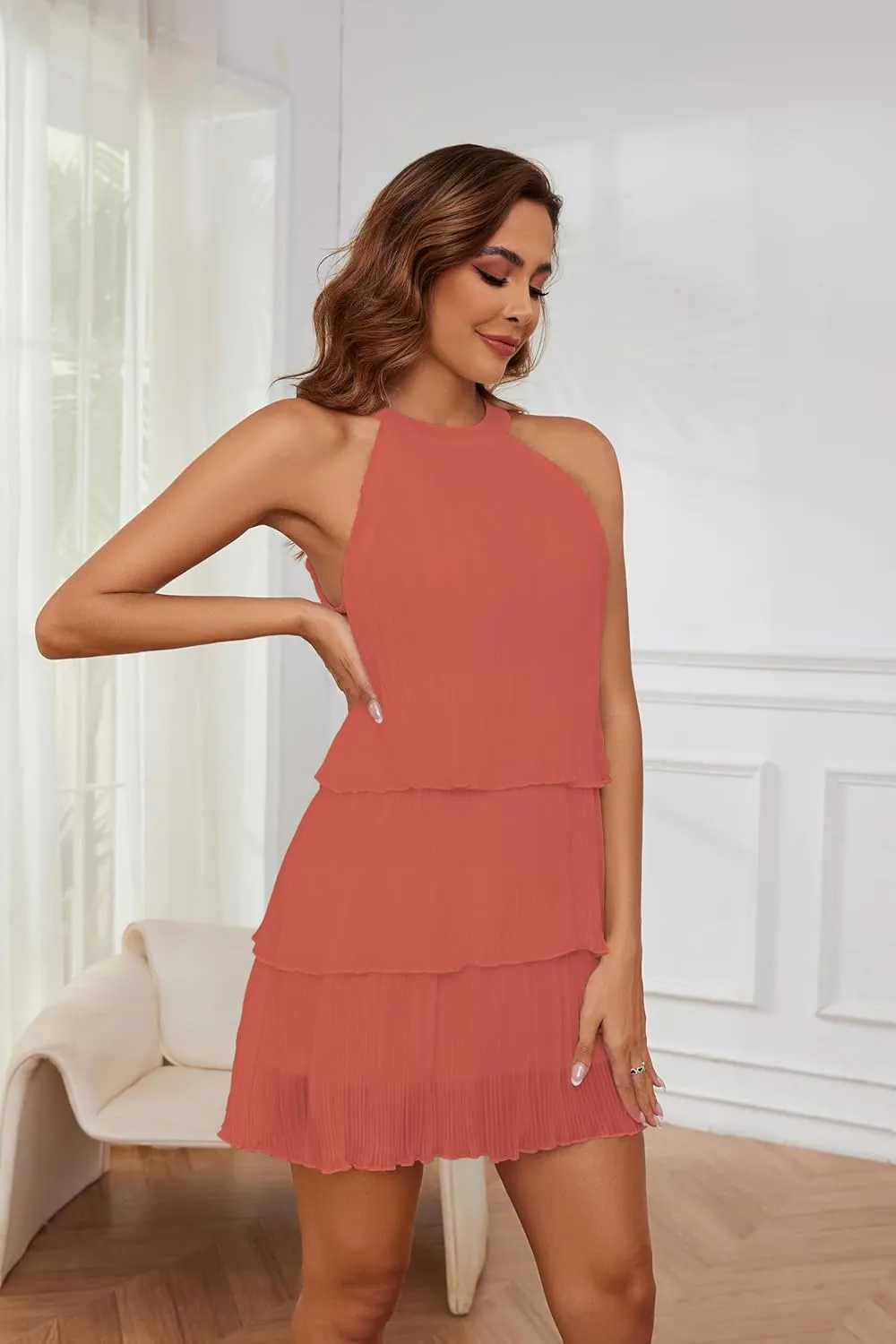 Women's Summer Halter Neck Dresses Sleeveless Ruffle Tiered Layered Chiffon Pleated A Line Swing Mini Dress