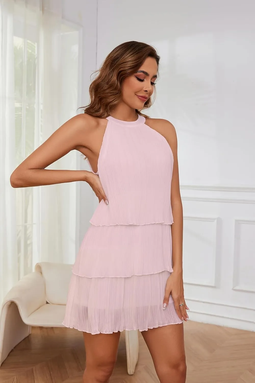 Women's Summer Halter Neck Dresses Sleeveless Ruffle Tiered Layered Chiffon Pleated A Line Swing Mini Dress