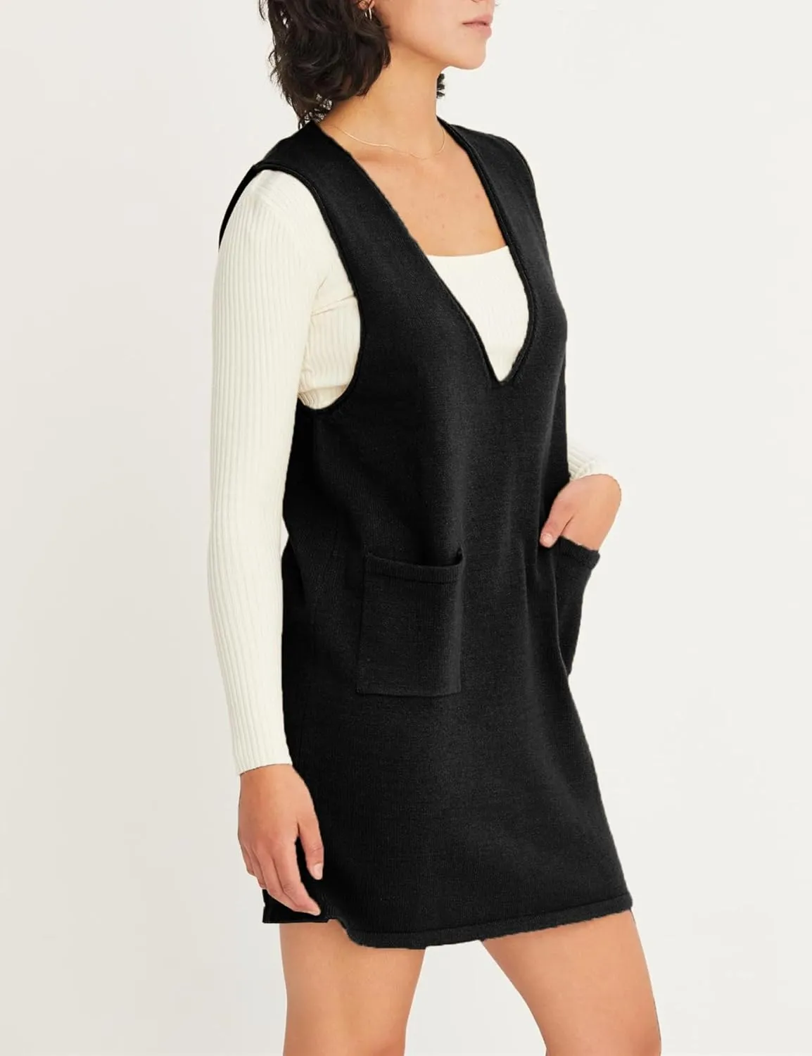 Womens Sweater Vest Dress V Neck Sleeveless Knit Pullover Pinafore Mini Dress with Pockets