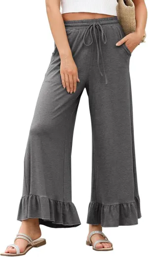 Womens Wide Leg Pants High Wasited Flowy Ruffle Hem Palazzo Pants Comfy Cotton Beach Pants Casual Culottes w/Pockets