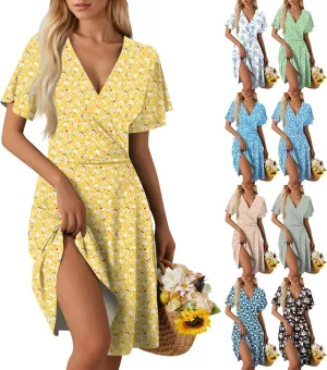 Wrap Dress for Women Cute Spring Floral Flowy Casual Midi Dresses Bohemian Simple Empire Waist Fit and Flare Dress