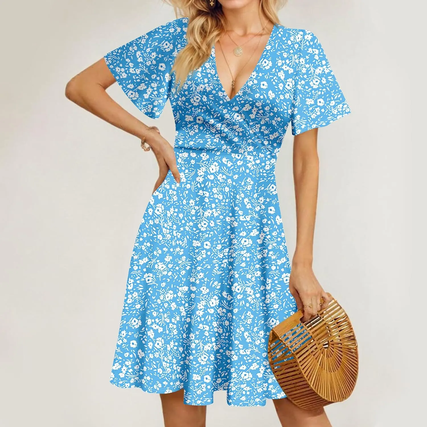 Wrap Dress for Women Cute Spring Floral Flowy Casual Midi Dresses Bohemian Simple Empire Waist Fit and Flare Dress