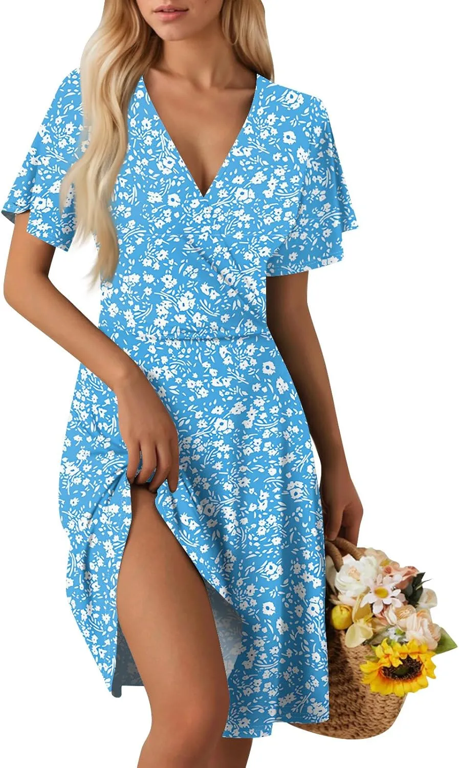 Wrap Dress for Women Cute Spring Floral Flowy Casual Midi Dresses Bohemian Simple Empire Waist Fit and Flare Dress