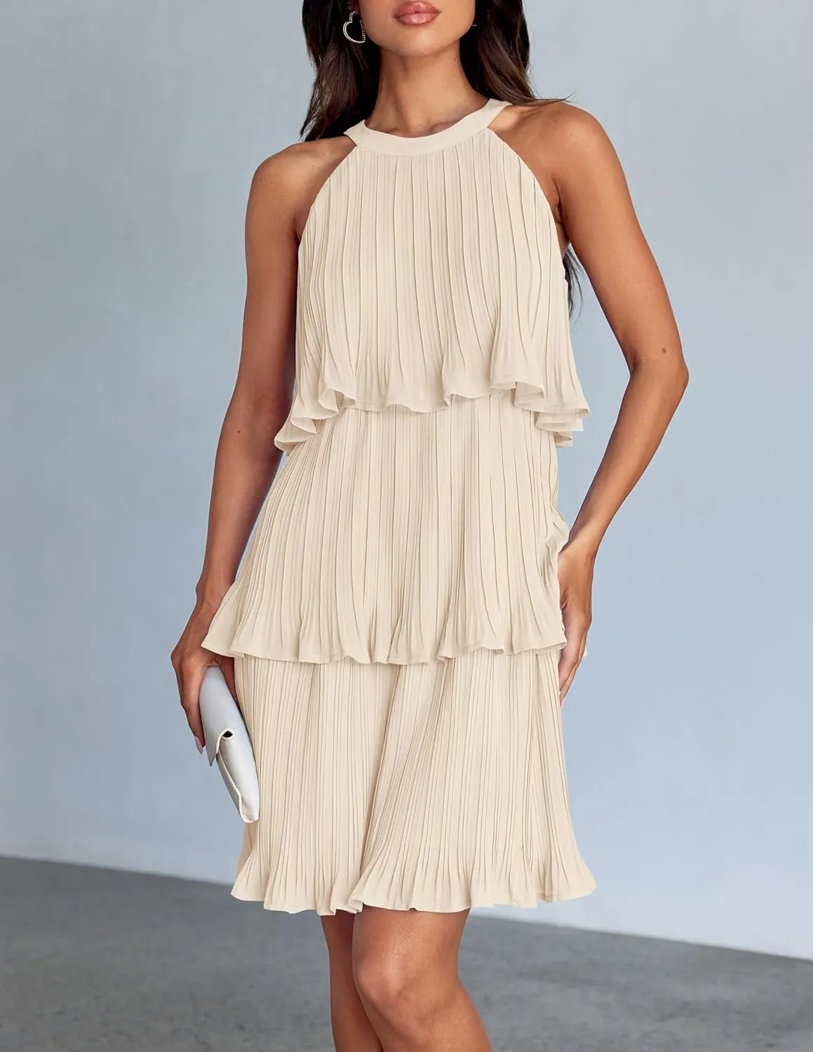ZESICA Women's 2025 Summer Halter Dresses Sleeveless Ruffle Tiered Layered Chiffon Pleated A Line Swing Mini Dress